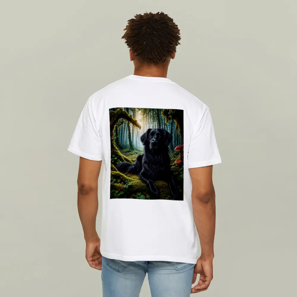 Black Dog Resting in Enchanted Mossy Forest – T-Shirts
