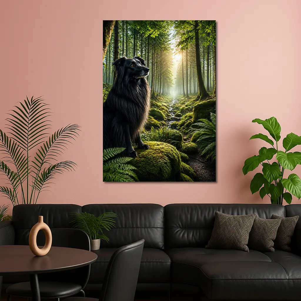 Black Border Collie Sitting in Sunlit Forest – Wall Art