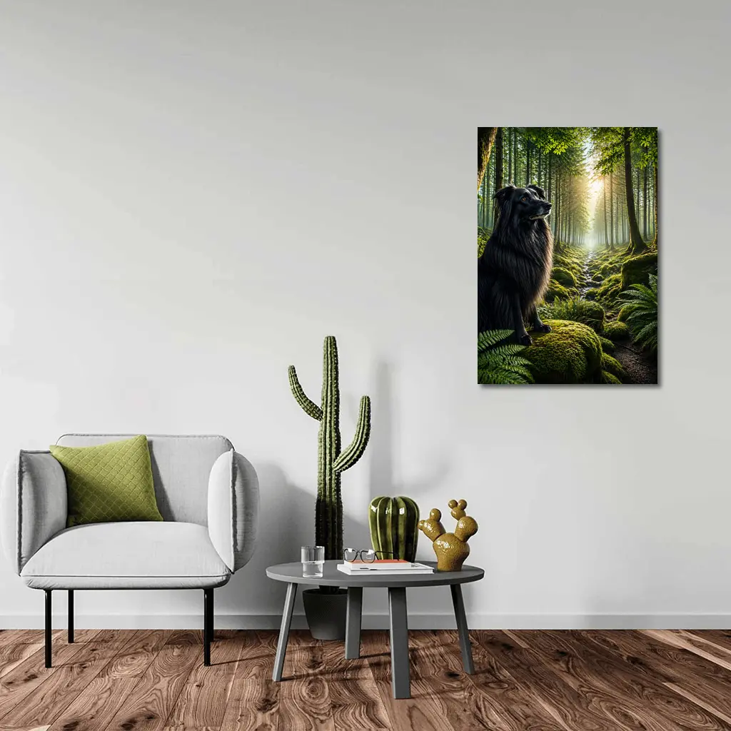 Black Border Collie Sitting in Sunlit Forest – Wall Art
