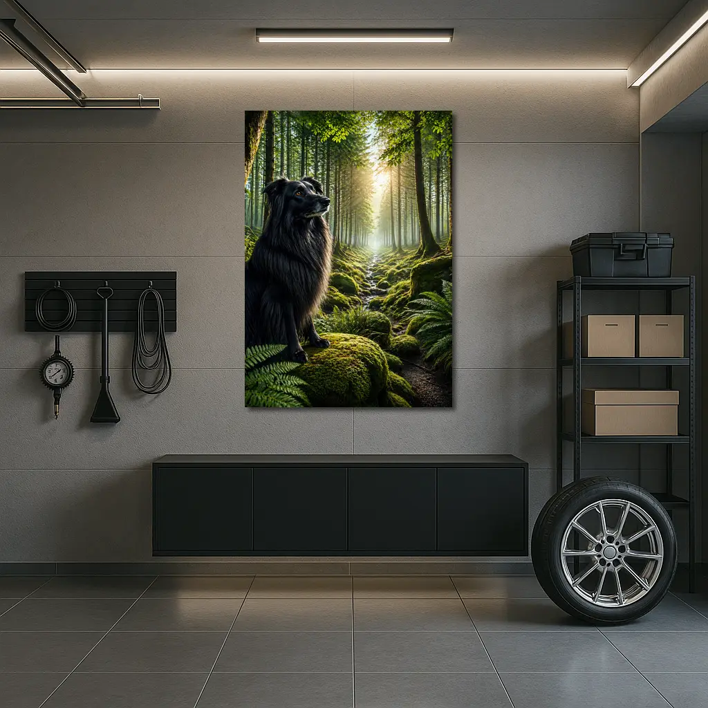 Black Border Collie Sitting in Sunlit Forest – Wall Art