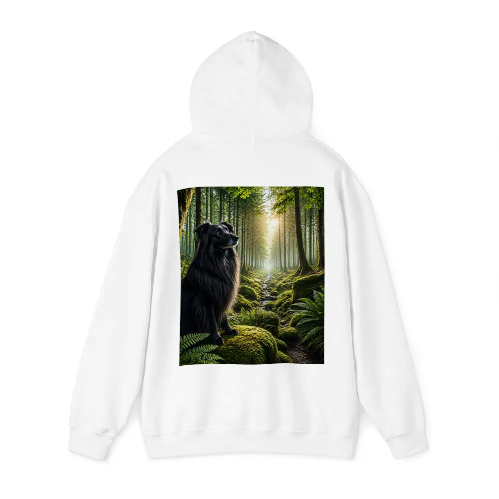 Black Border Collie Sitting in Sunlit Forest – Hoodies