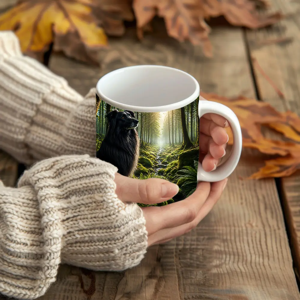 Black Border Collie Sitting in Sunlit Forest – Mugs