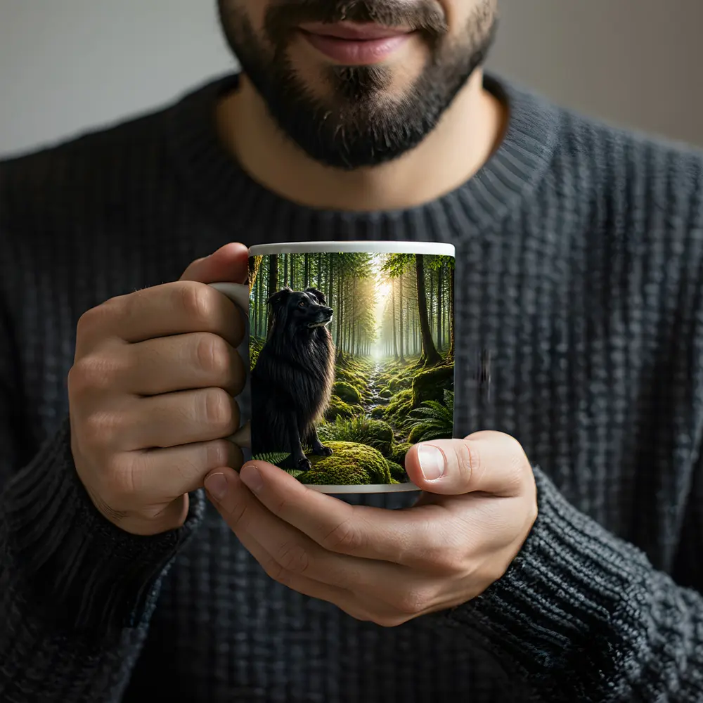 Black Border Collie Sitting in Sunlit Forest – Mugs