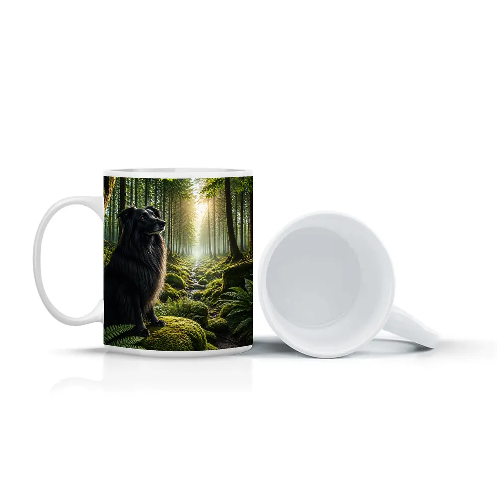 Black Border Collie Sitting in Sunlit Forest – Mugs