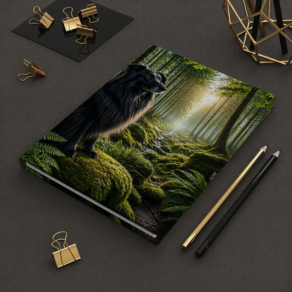 Black Border Collie Sitting in Sunlit Forest – Notebooks