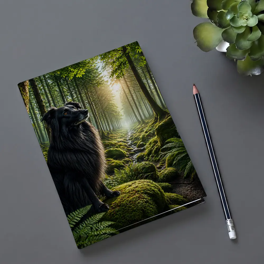 Black Border Collie Sitting in Sunlit Forest – Notebooks