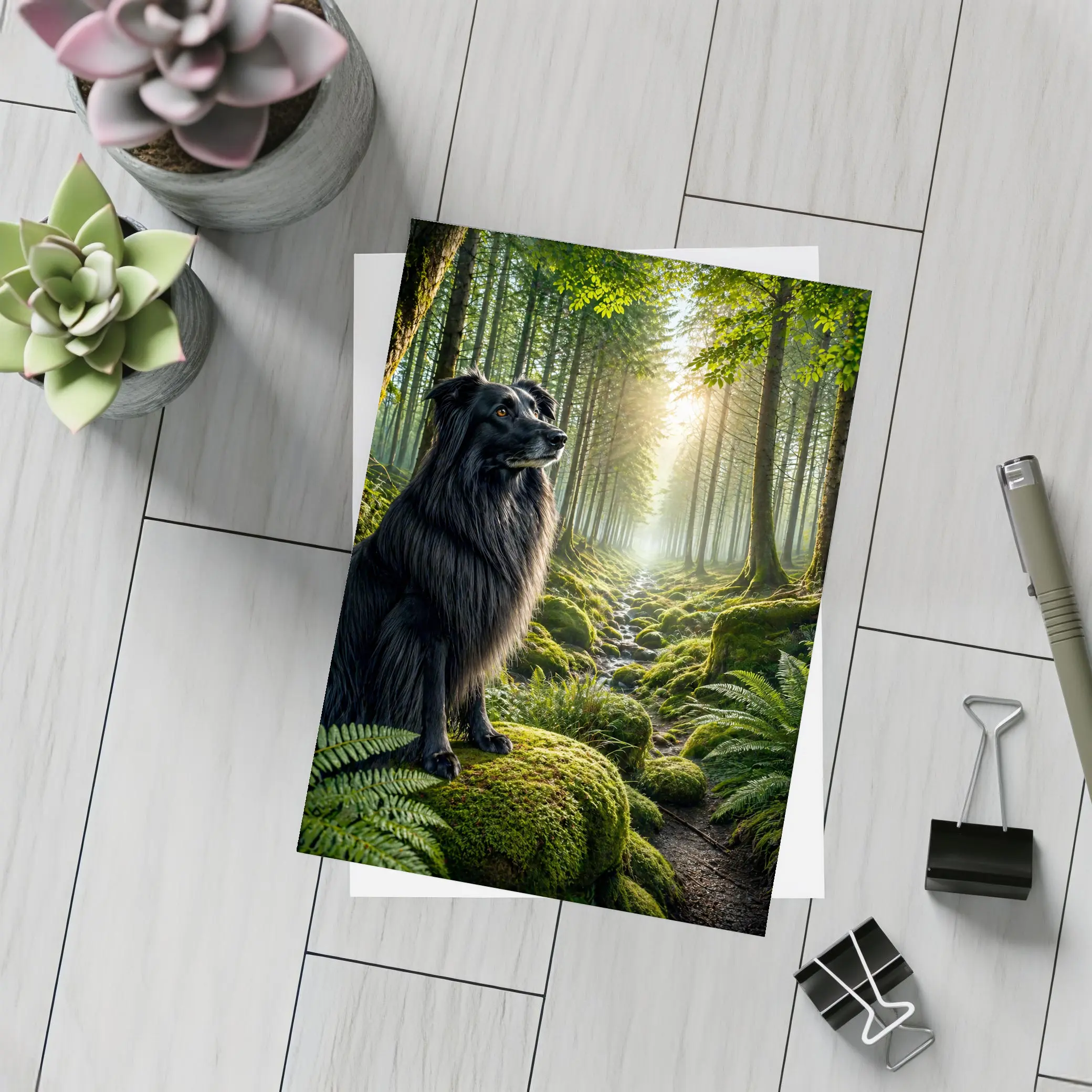 Black Border Collie Sitting in Sunlit Forest – Postcards