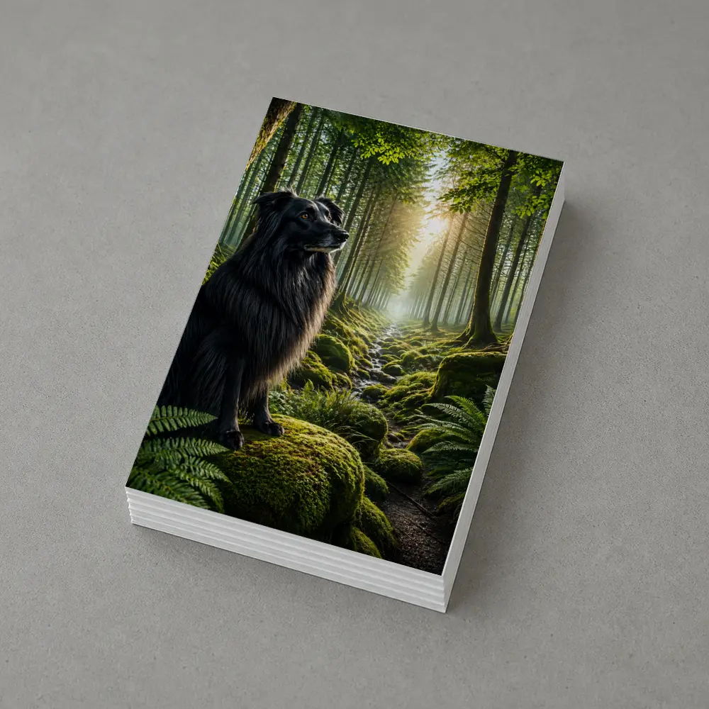 Black Border Collie Sitting in Sunlit Forest – Postcards