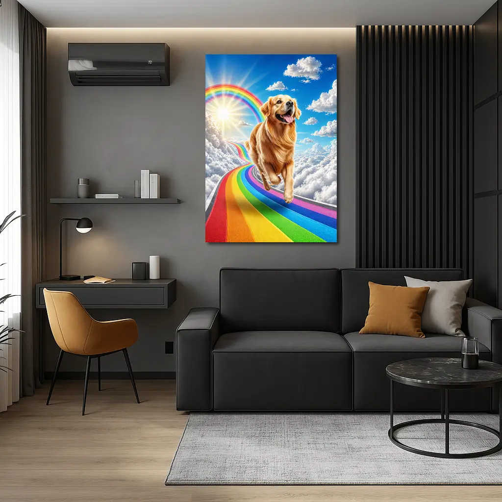 Golden Retriever Running on Rainbow Sky Road – Wall Art
