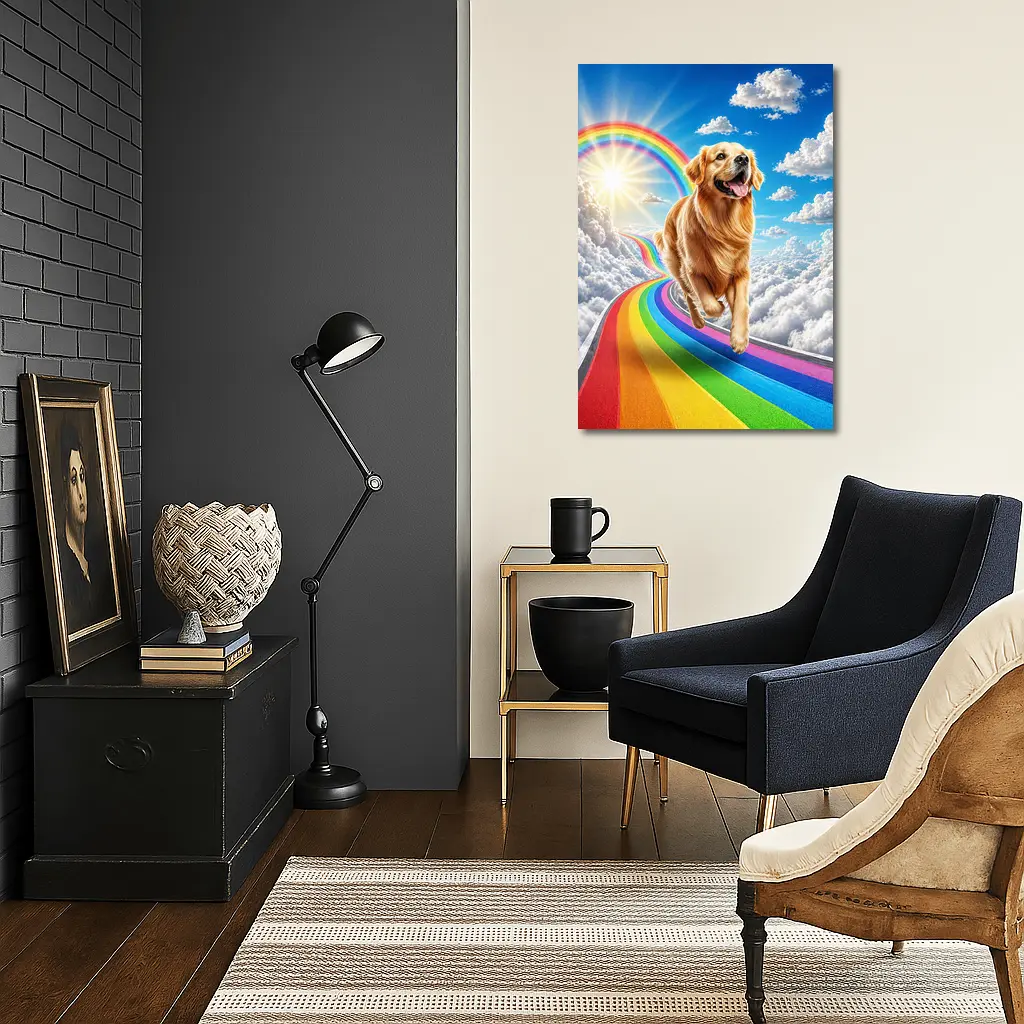 Golden Retriever Running on Rainbow Sky Road – Wall Art