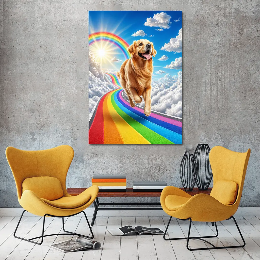 Golden Retriever Running on Rainbow Sky Road – Wall Art