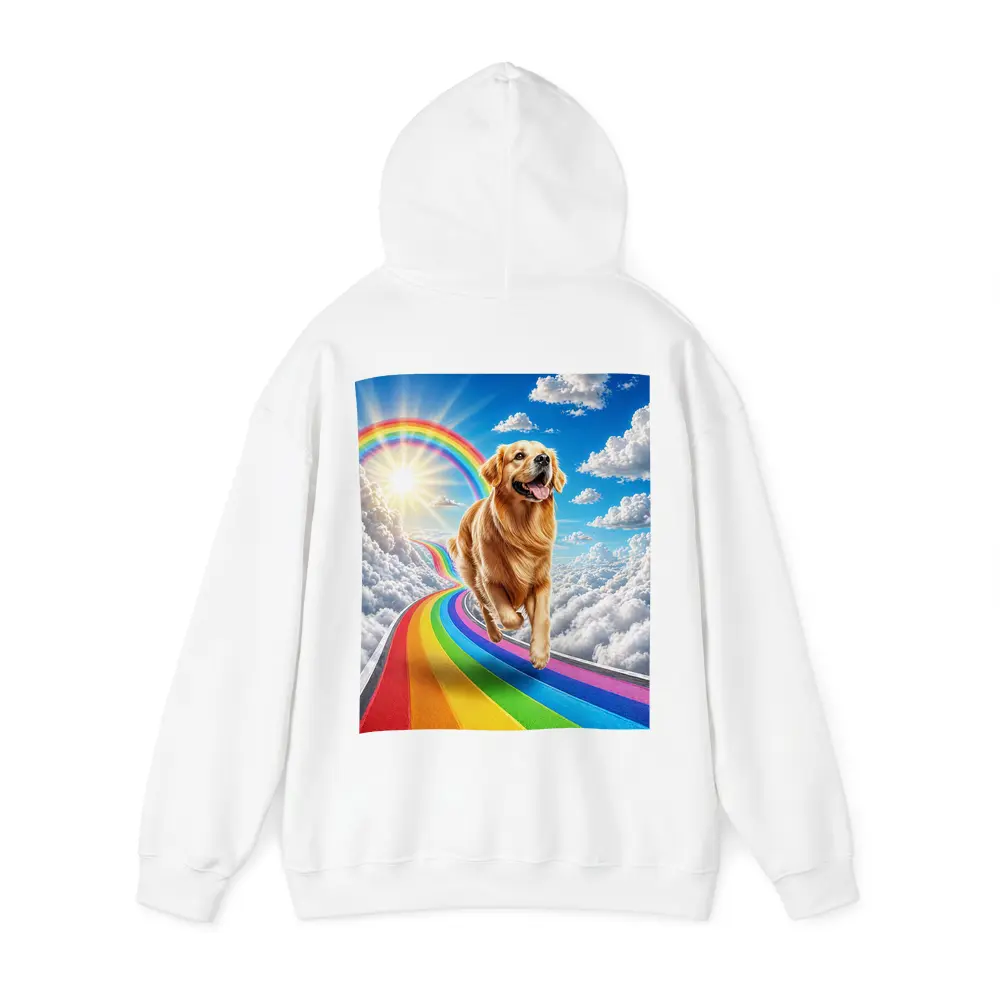 Golden Retriever Running on Rainbow Sky Road – Hoodies