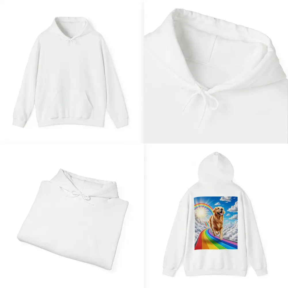 Golden Retriever Running on Rainbow Sky Road – Hoodies