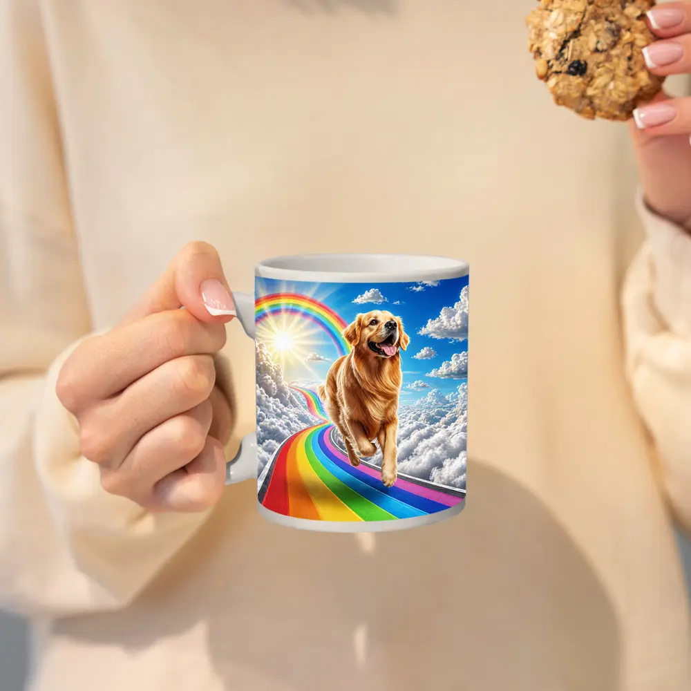 Golden Retriever Running on Rainbow Sky Road – Mugs