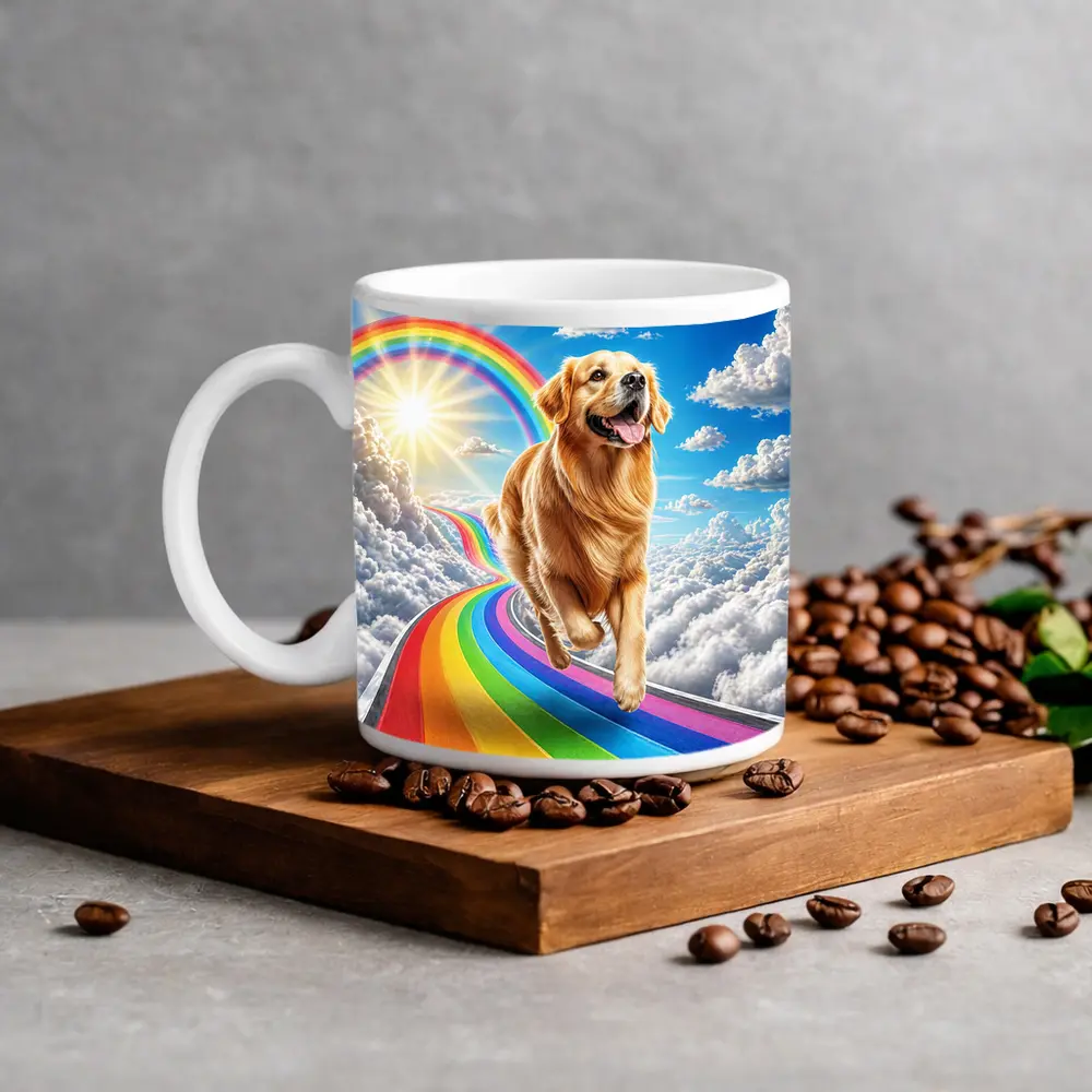 Golden Retriever Running on Rainbow Sky Road – Mugs