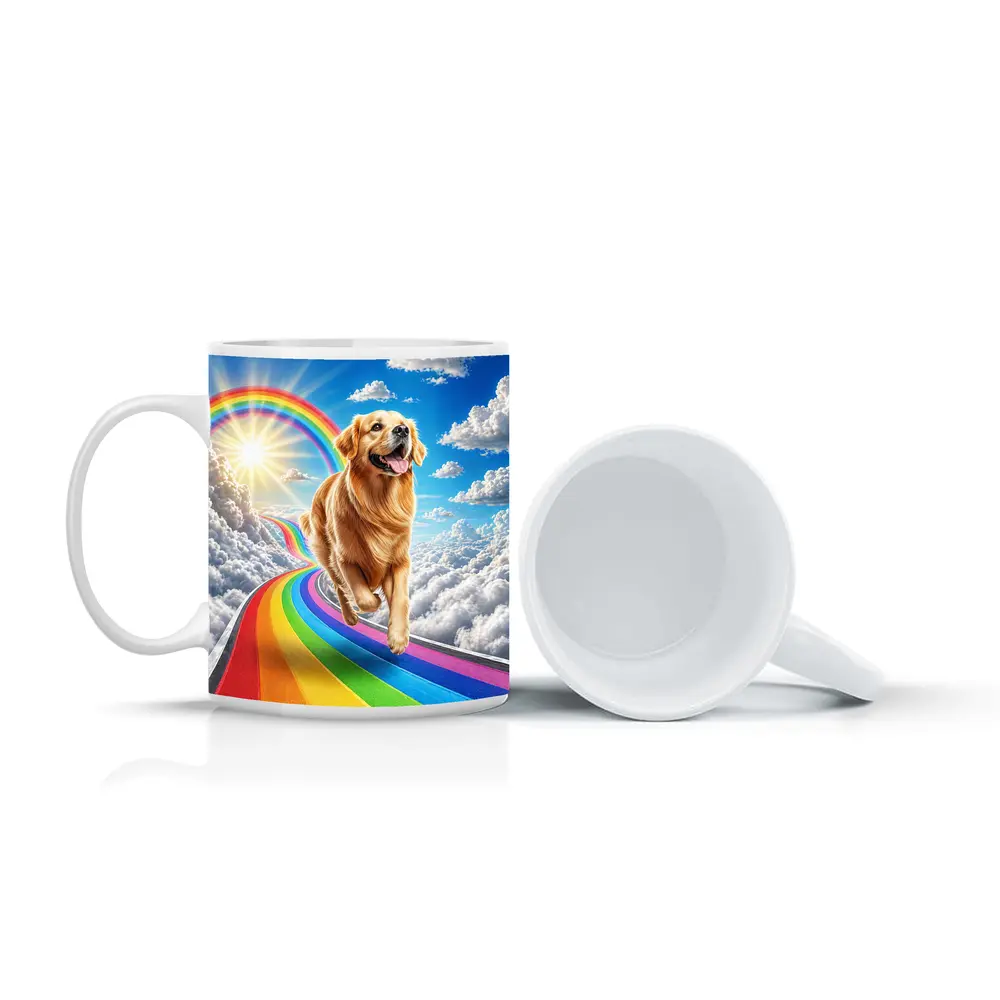 Golden Retriever Running on Rainbow Sky Road – Mugs