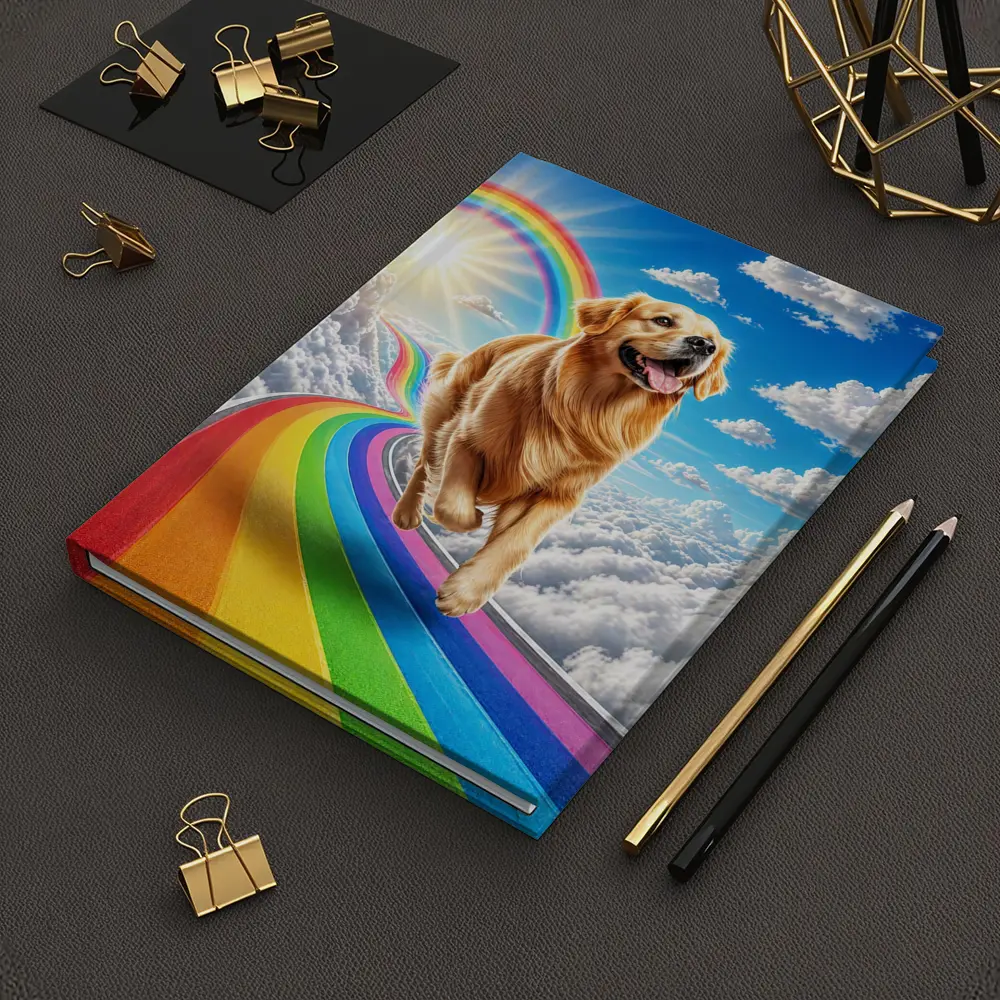 Golden Retriever Running on Rainbow Sky Road – Notebooks