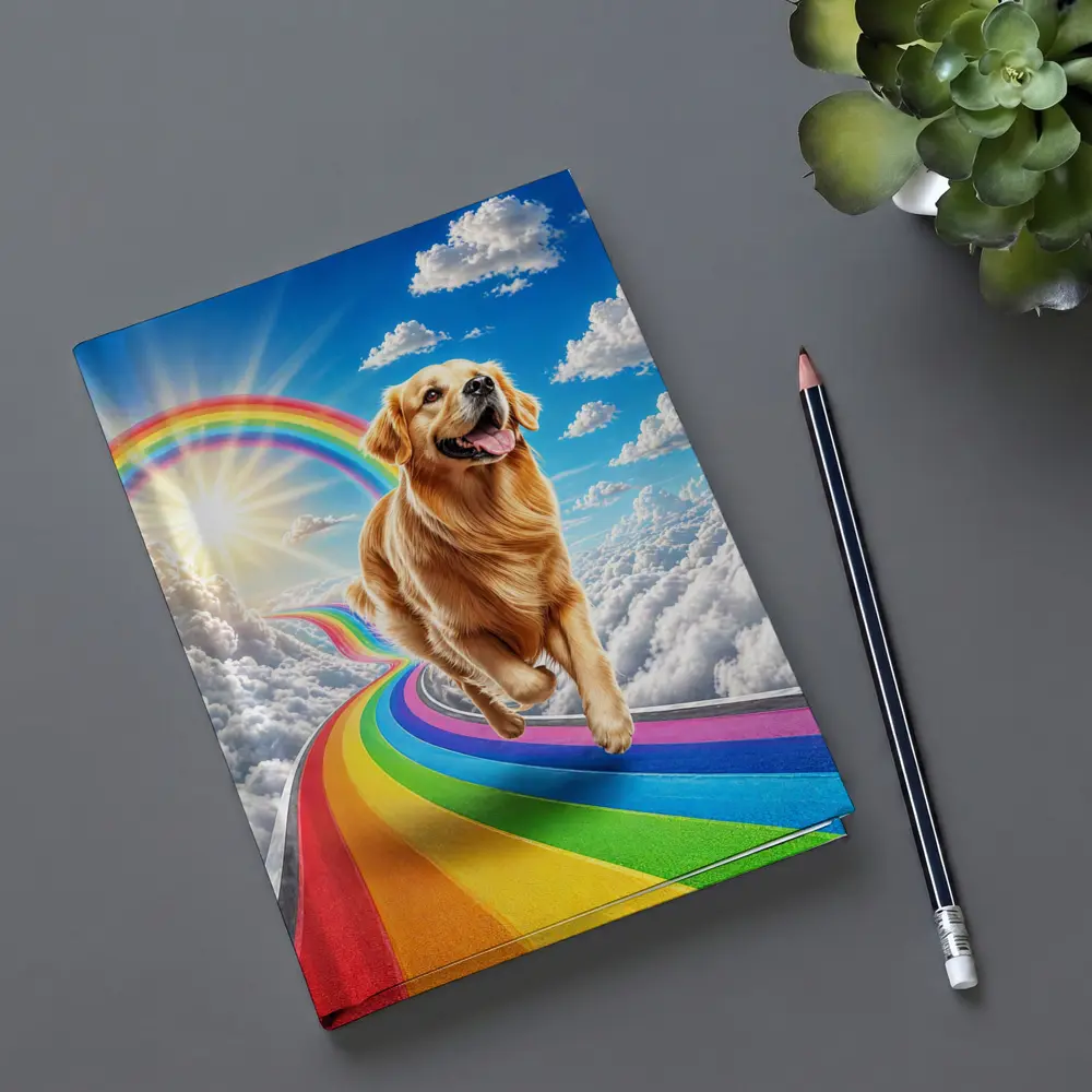 Golden Retriever Running on Rainbow Sky Road – Notebooks