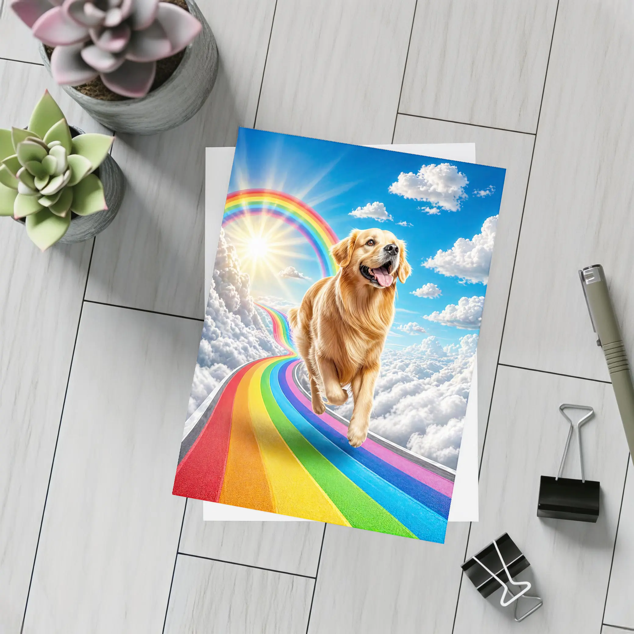 Golden Retriever Running on Rainbow Sky Road – Postcards