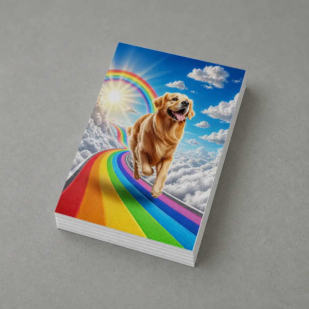 Golden Retriever Running on Rainbow Sky Road – Postcards