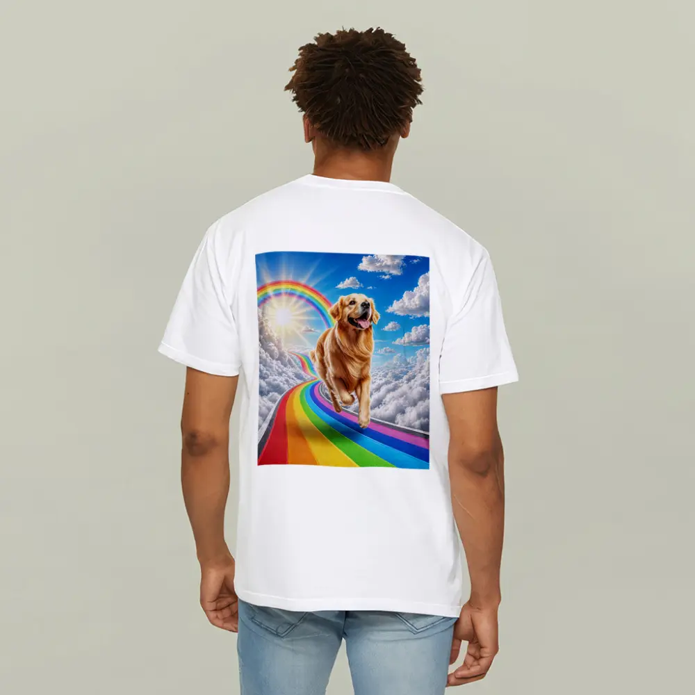 Golden Retriever Running on Rainbow Sky Road – T-Shirts