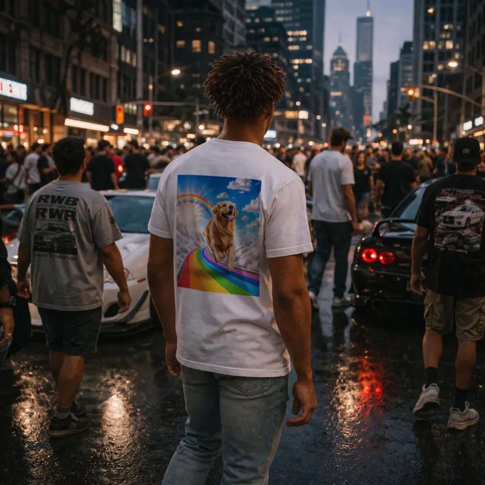Golden Retriever Running on Rainbow Sky Road – T-Shirts