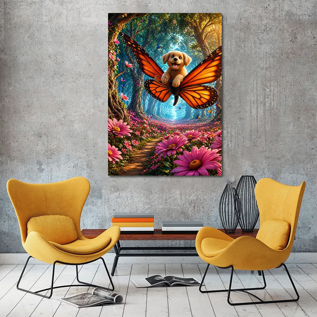 Golden Puppy Flying Butterfly Fantasy Forest Flowers – Wall Art
