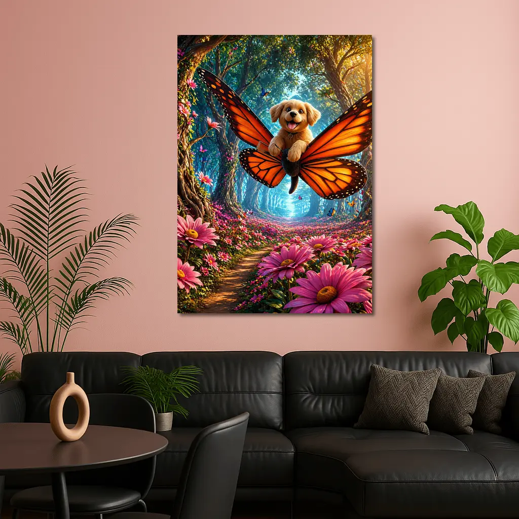 Golden Puppy Flying Butterfly Fantasy Forest Flowers – Wall Art