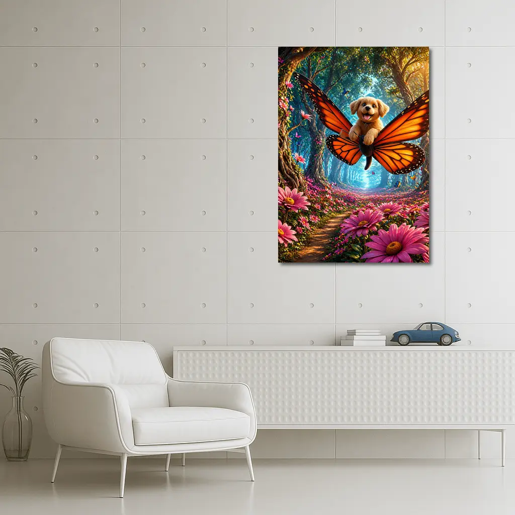Golden Puppy Flying Butterfly Fantasy Forest Flowers – Wall Art