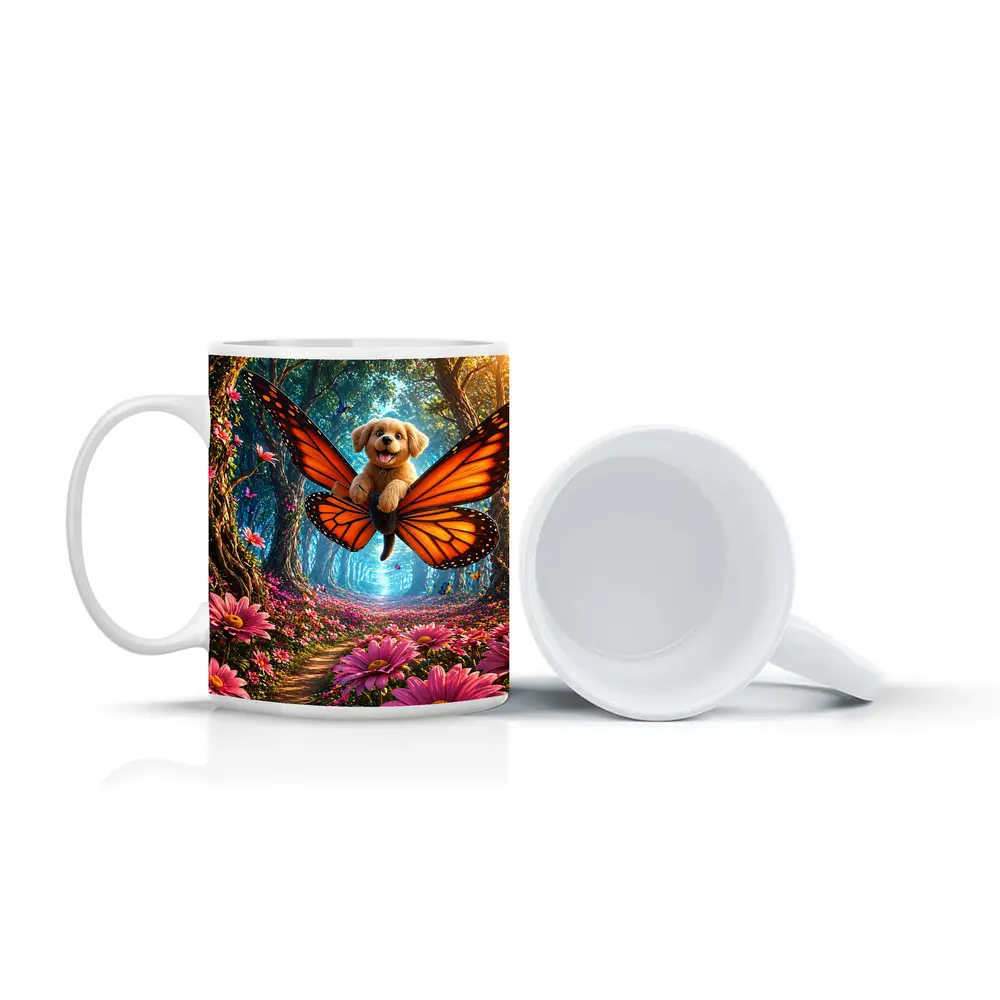 Golden Puppy Flying Butterfly Fantasy Forest Flowers – Mugs
