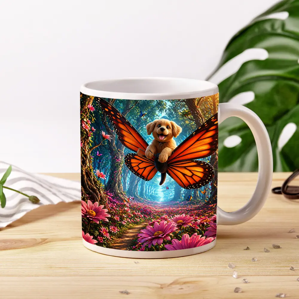 Golden Puppy Flying Butterfly Fantasy Forest Flowers – Mugs