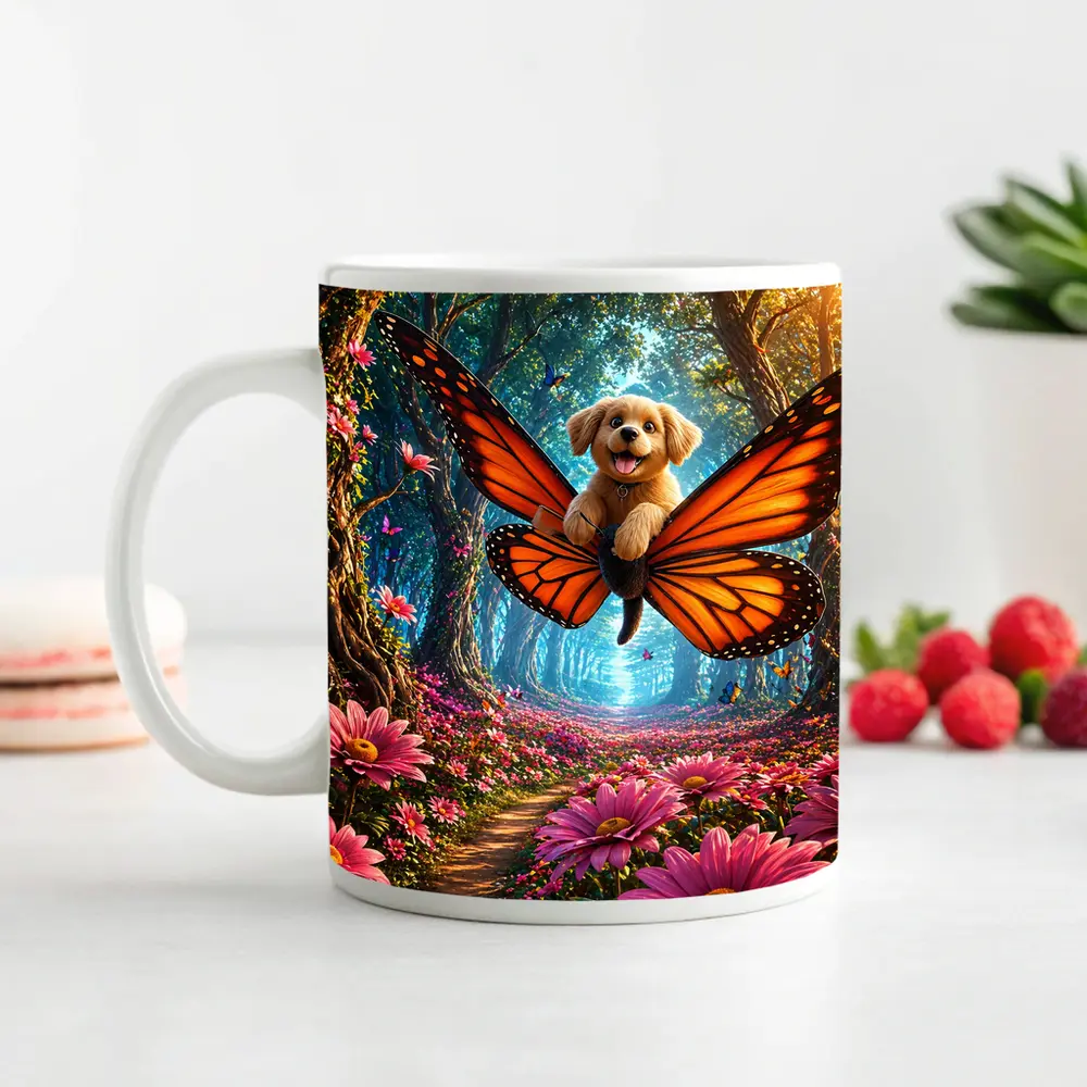 Golden Puppy Flying Butterfly Fantasy Forest Flowers – Mugs