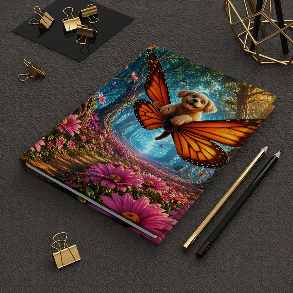 Golden Puppy Flying Butterfly Fantasy Forest Flowers – Notebooks