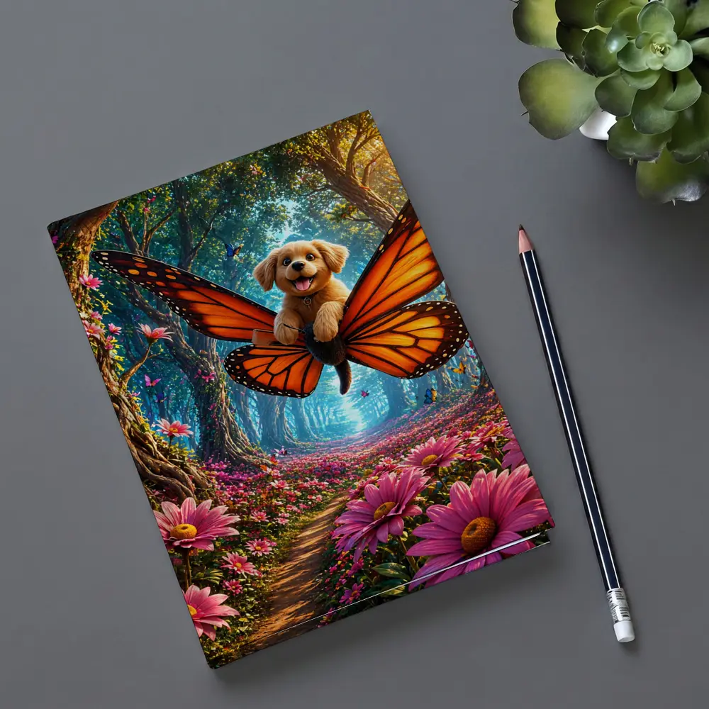 Golden Puppy Flying Butterfly Fantasy Forest Flowers – Notebooks