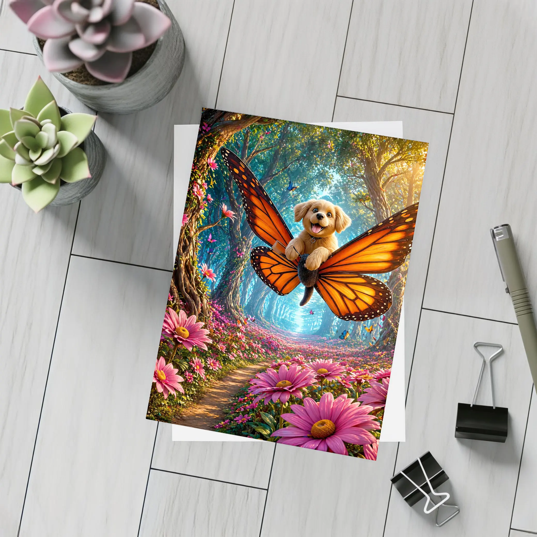 Golden Puppy Flying Butterfly Fantasy Forest Flowers – Postcards