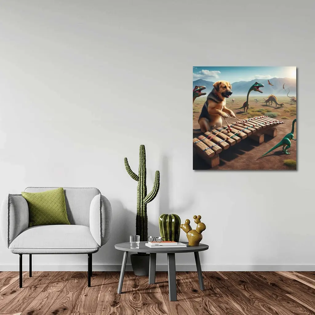 Dog Playing Xylophone With Dinosaurs Around – Wall Art