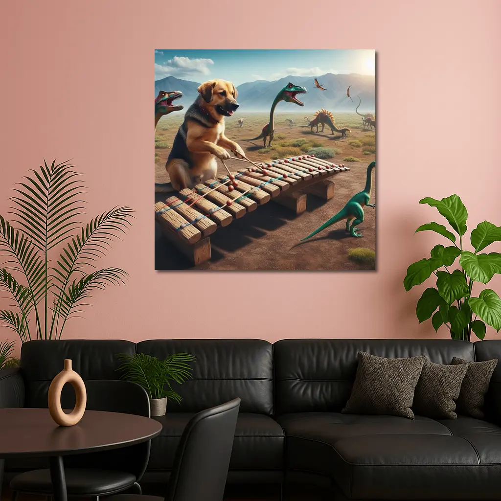 Dog Playing Xylophone With Dinosaurs Around – Wall Art