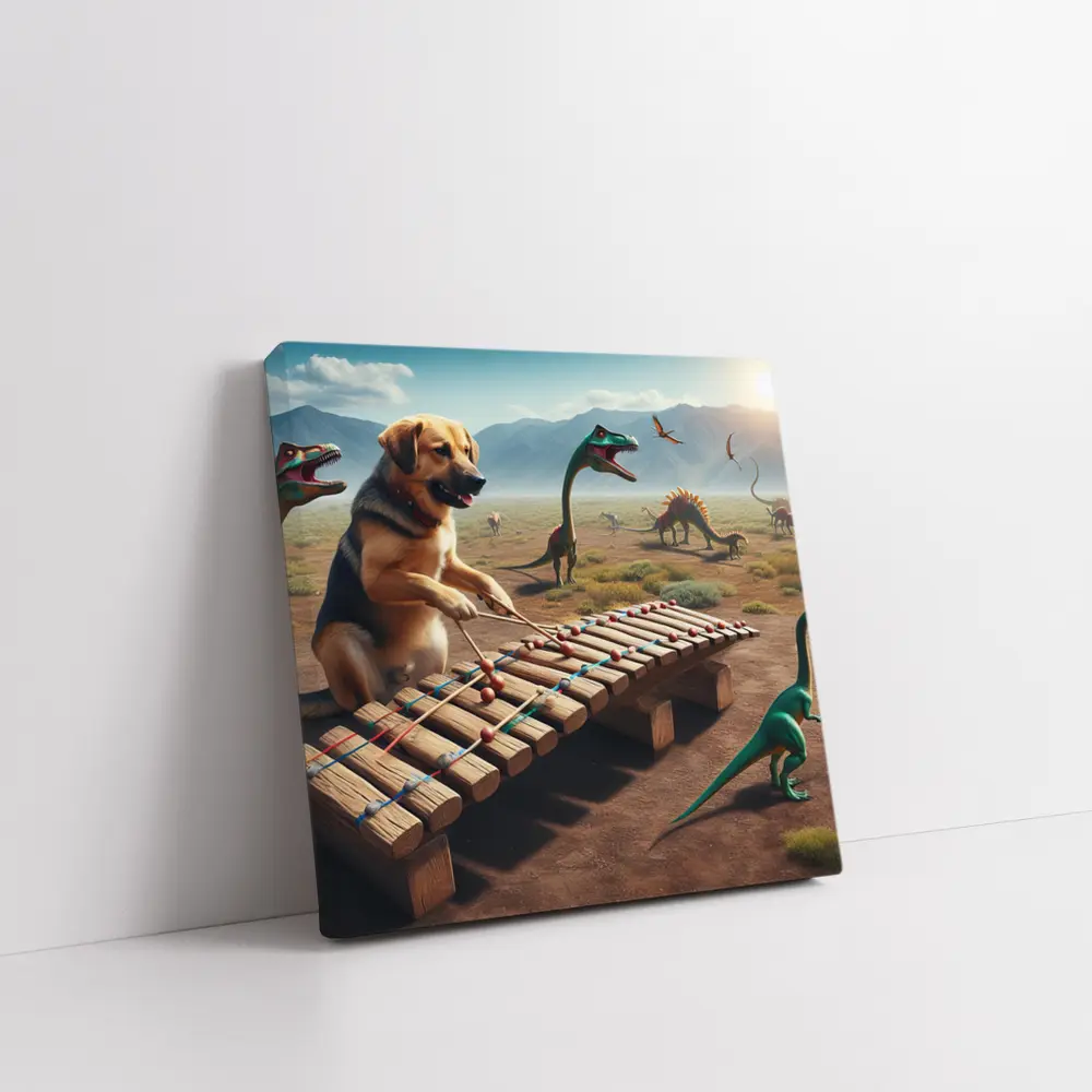 Dog Playing Xylophone With Dinosaurs Around – Wall Art