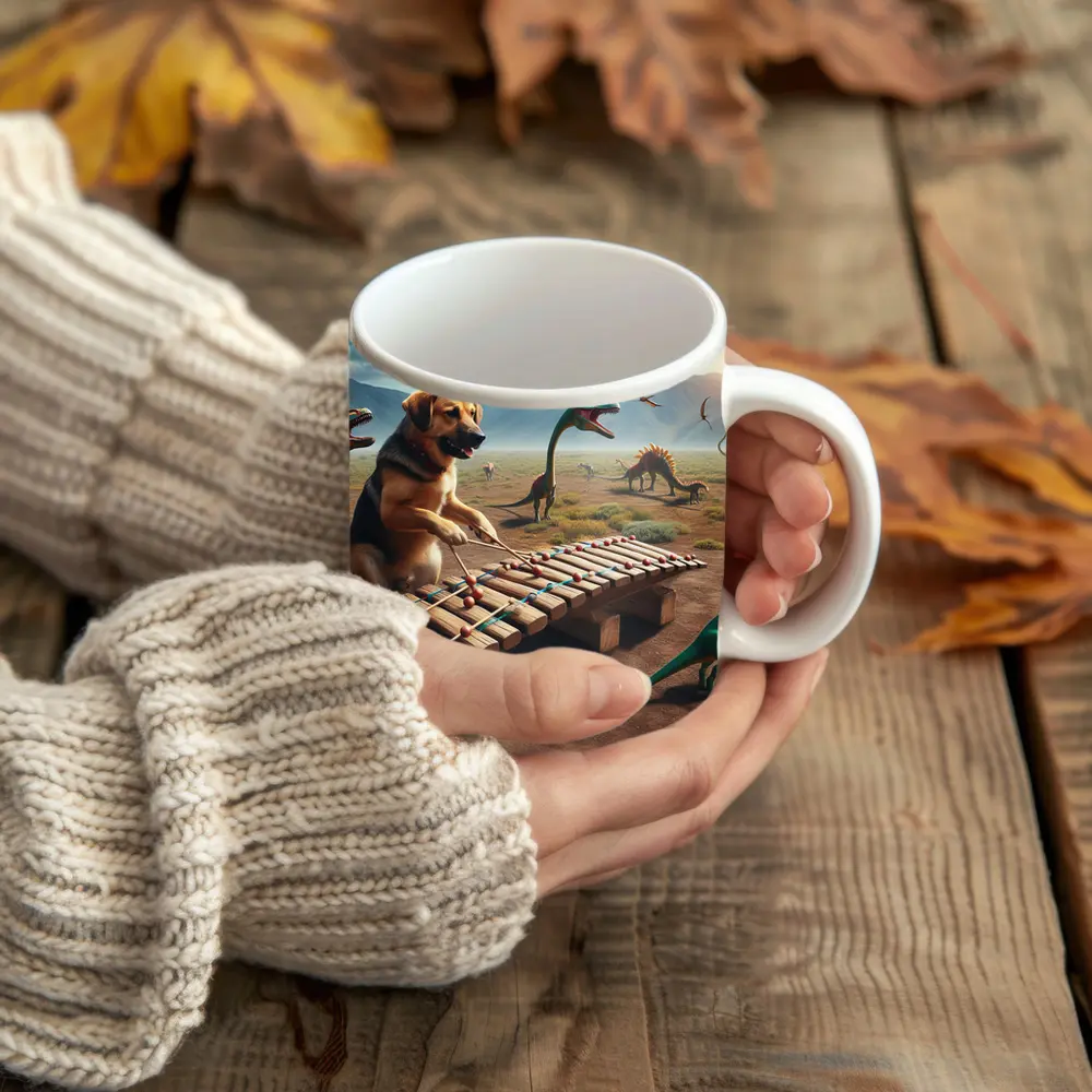 Dog Playing Xylophone With Dinosaurs Around – Mugs