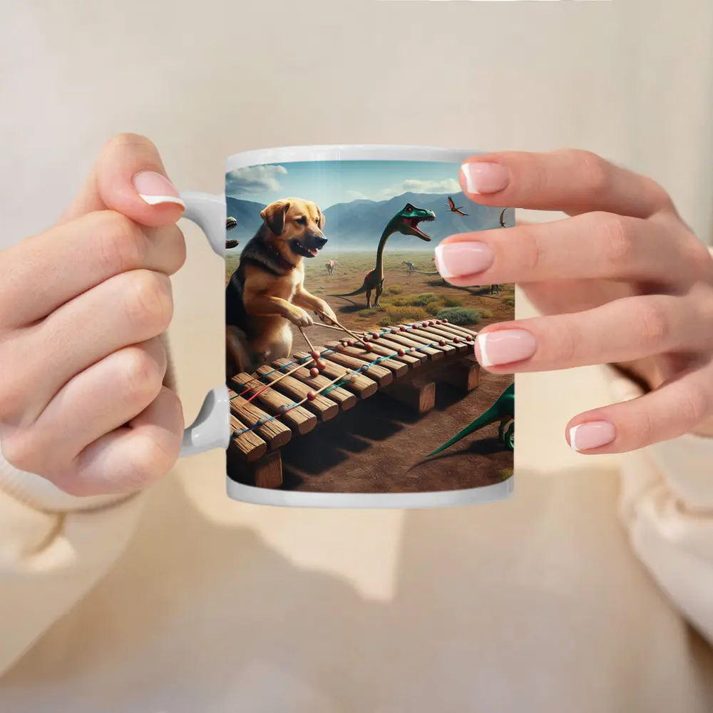 Dog Playing Xylophone With Dinosaurs Around – Mugs