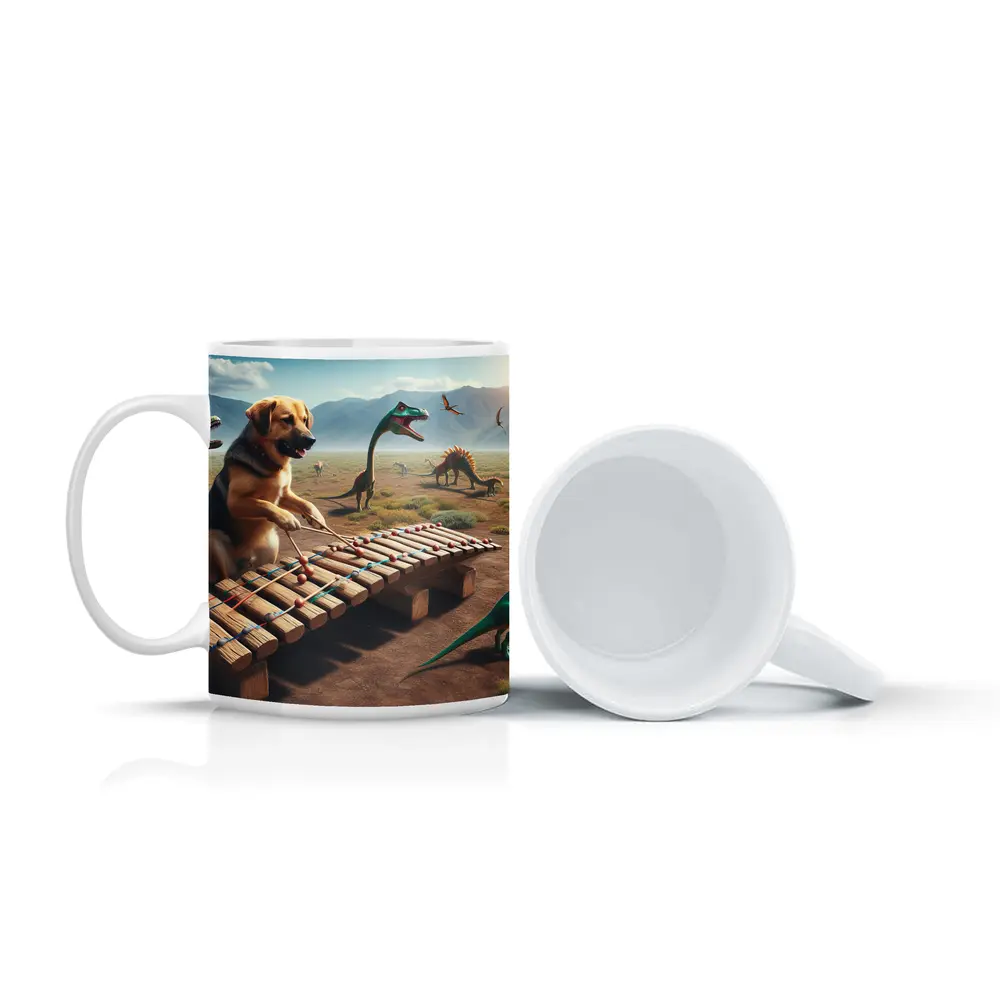 Dog Playing Xylophone With Dinosaurs Around – Mugs