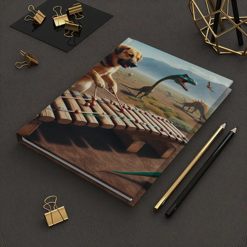 Dog Playing Xylophone With Dinosaurs Around – Notebooks