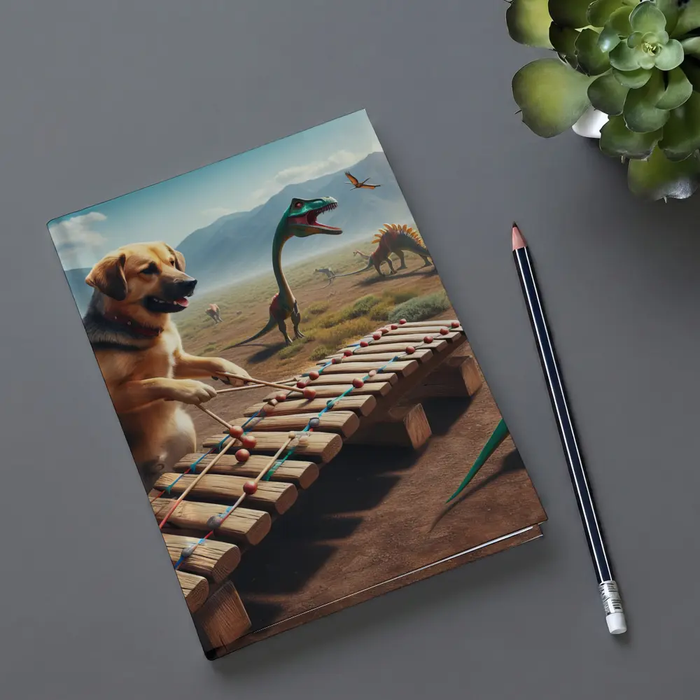 Dog Playing Xylophone With Dinosaurs Around – Notebooks