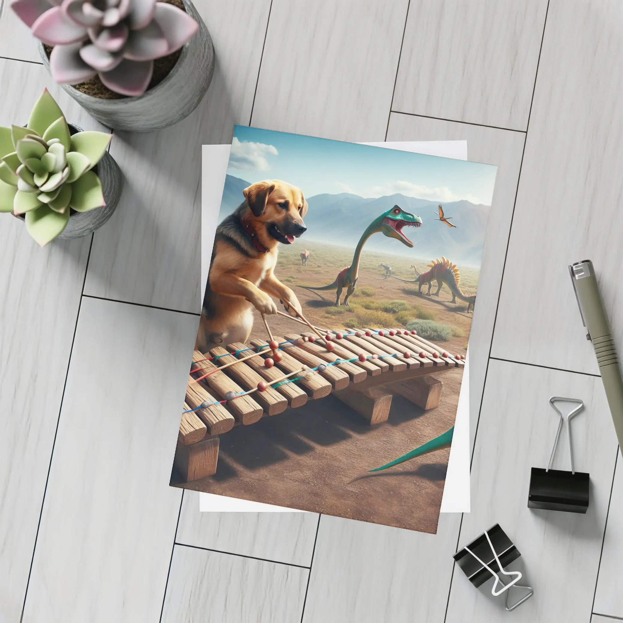 Dog Playing Xylophone With Dinosaurs Around – Postcards