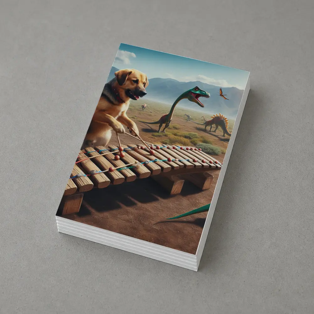 Dog Playing Xylophone With Dinosaurs Around – Postcards