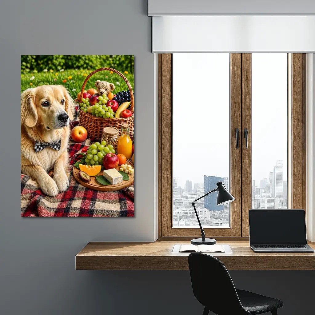 Golden Retriever Picnic Blanket Fruits Basket Summer – Wall Art