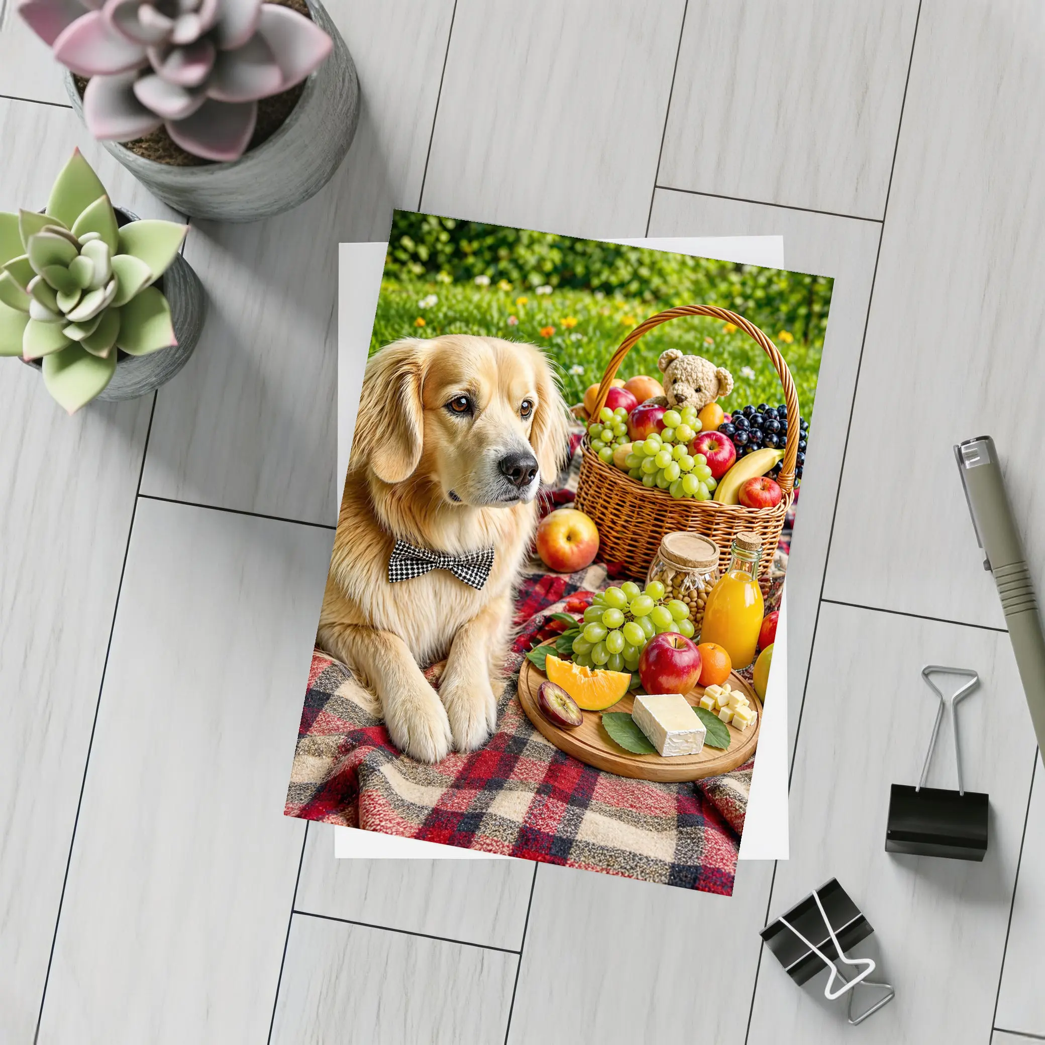 Golden Retriever Picnic Blanket Fruits Basket Summer – Postcards