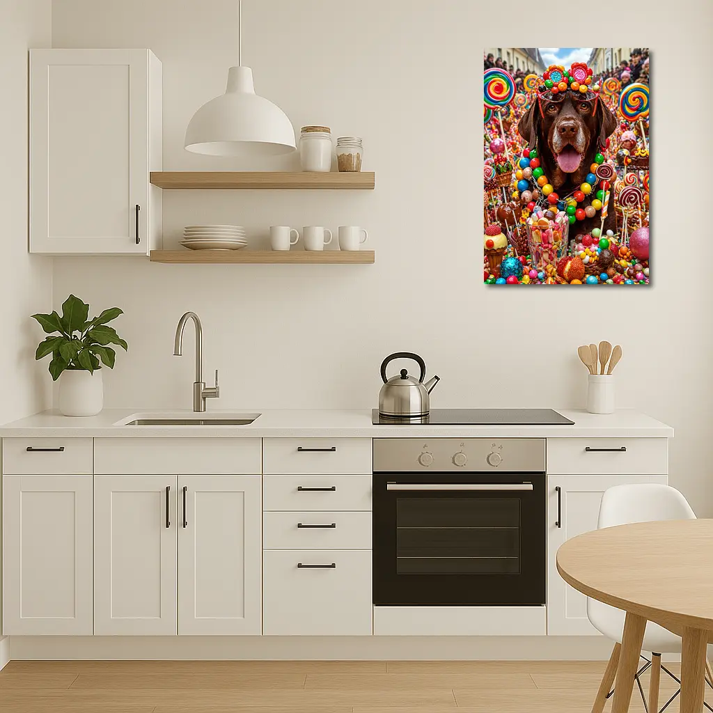 Chocolate Labrador Retriever Surrounded By Colorful Candy – Wall Art