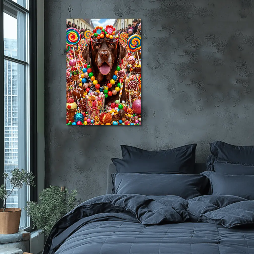 Chocolate Labrador Retriever Surrounded By Colorful Candy – Wall Art