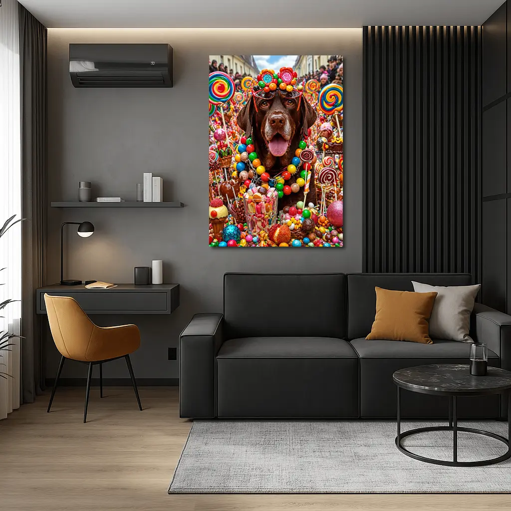 Chocolate Labrador Retriever Surrounded By Colorful Candy – Wall Art